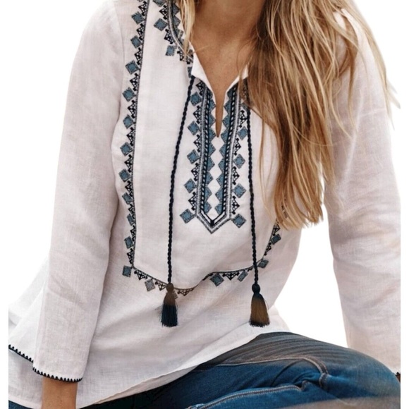 J. Jill Love Linen White Tunic Navy Embroidery, Resort, Vacation, Beach, Plus 4X - Picture 3 of 9